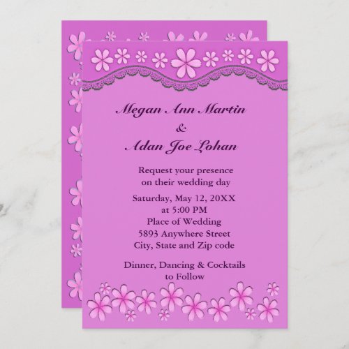 Purple Six Petal Pink Flowers Wedding Invitation