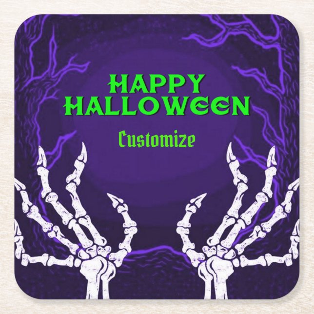 Purple Skeleton Hands Square Paper Coaster (Front)