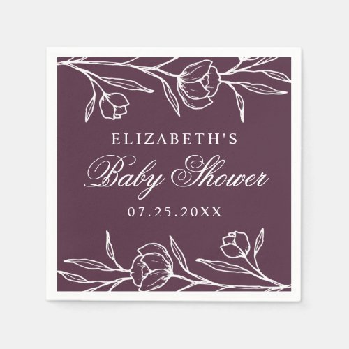 Purple Sketched Floral Baby Shower Napkins