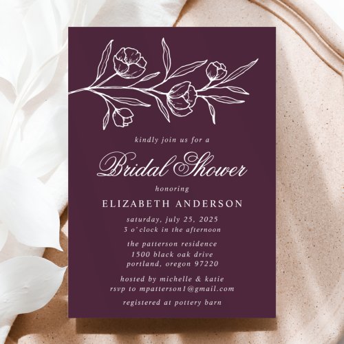 Purple Sketched Floral Bridal Shower Invitation