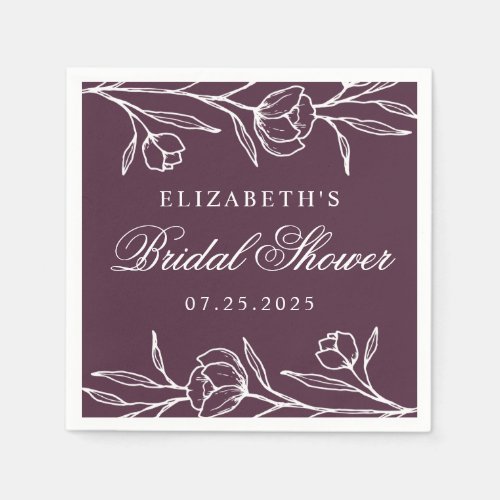 Purple Sketched Floral Bridal Shower Napkins