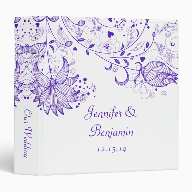Purple Sketched Flowers on White Photo Album 3 Ring Binder (Front/Spine)
