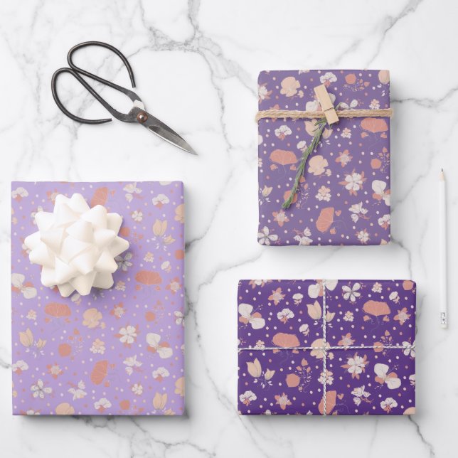 Purple Sketched Flowers Wrapping Paper Sheets (Front)