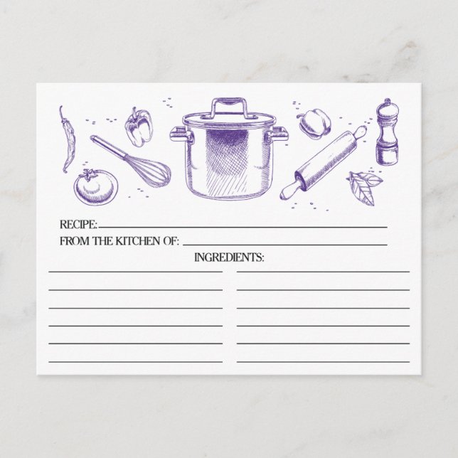 Purple Sketched Kitchen Tools Recipe Cards (Front)