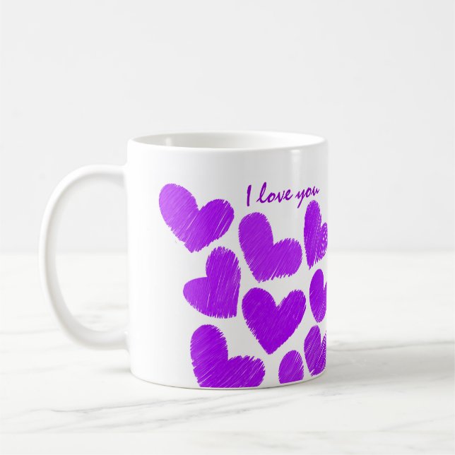 Purple sketchy hearts "I love you" Coffee Mug (Left)