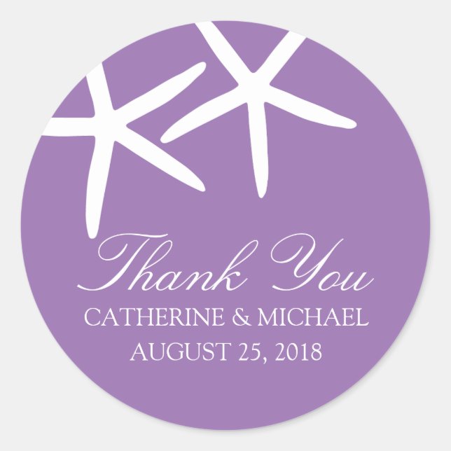 Purple Skinny Starfish Wedding Monogram Classic Round Sticker (Front)