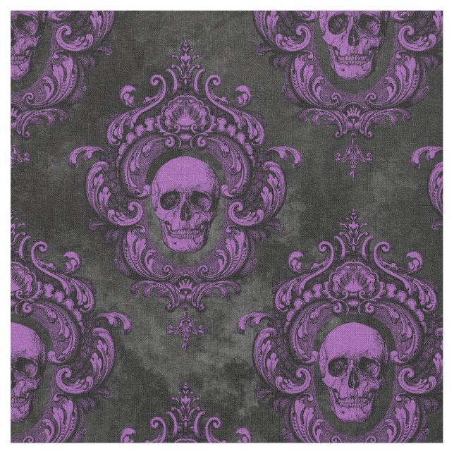 Purple Skull and Gothic Dark Grey Fabric (Close Up)