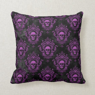 Purple Skull and Gothic Grey Throw Pillow
