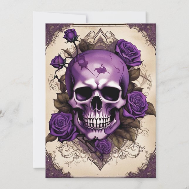 Purple Skull and Roses Gothic Elegance Wedding Invitation (Front)