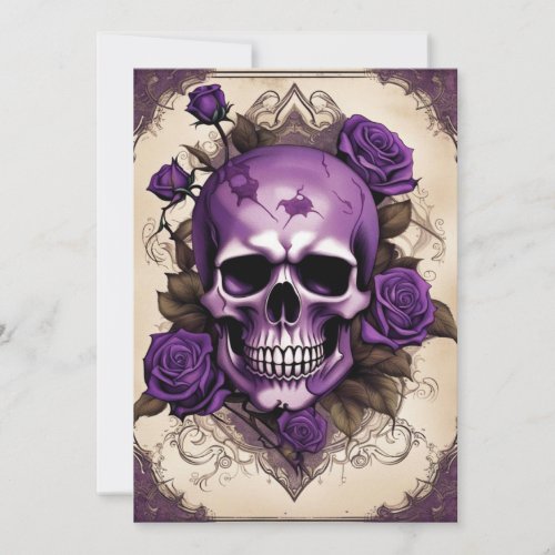 Purple Skull and Roses Gothic Elegance Wedding Invitation