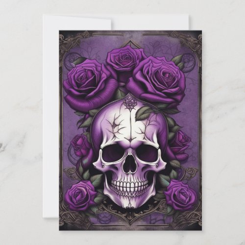 Purple Skull and Roses Gothic Elegance Wedding Invitation