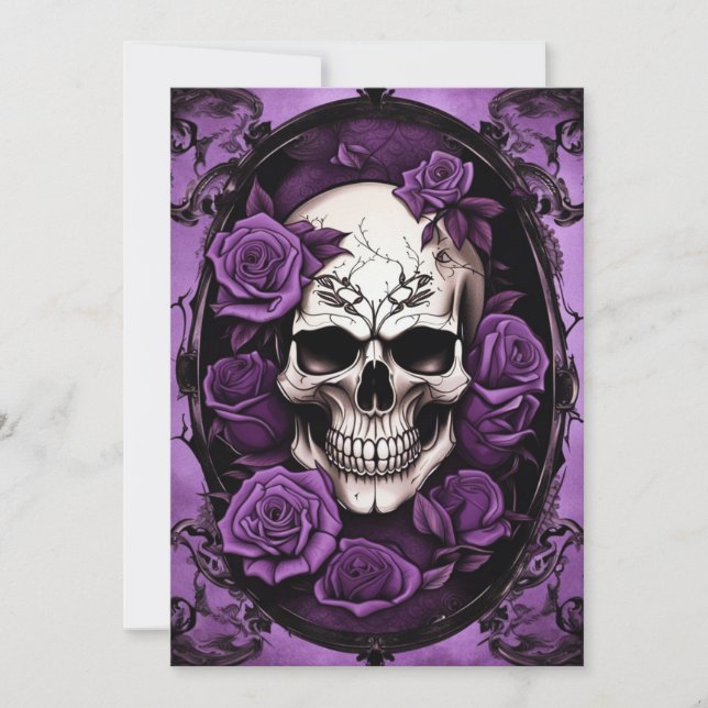 Purple Skull and Roses Gothic Elegance Wedding Invitation (Front)