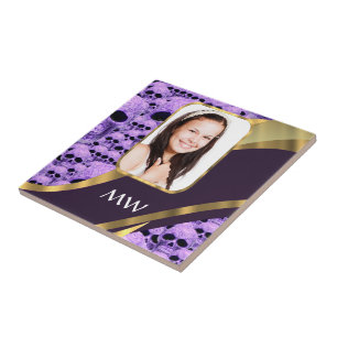 Purple skull collage ceramic tile
