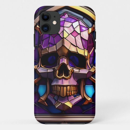 Purple Skull Faux Stained_Glass Skull Art  iPhone 11 Case