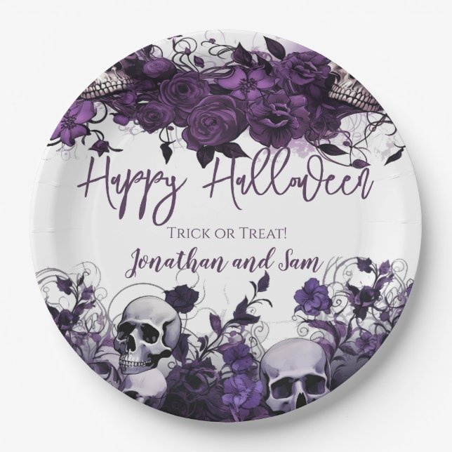 Purple Skull Halloween Party Paper Plates (Front)
