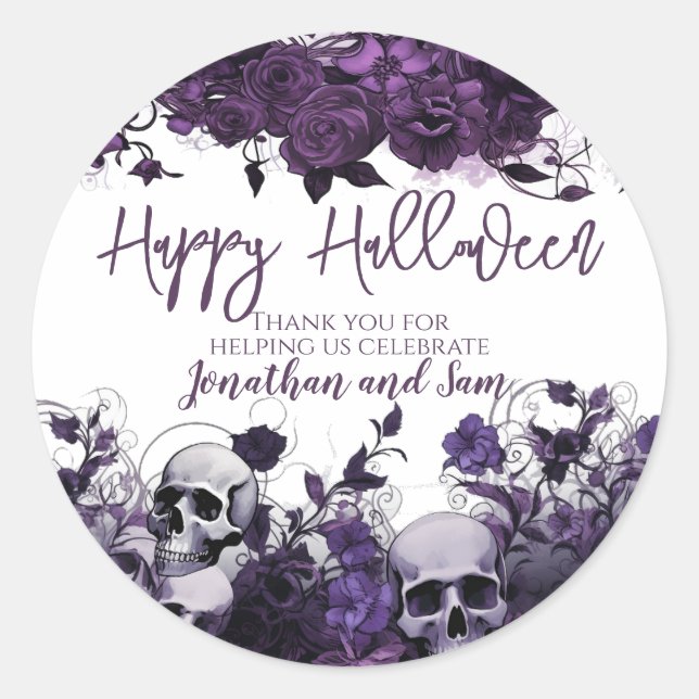 Purple Skull Halloween Party Thank You Classic Round Sticker (Front)