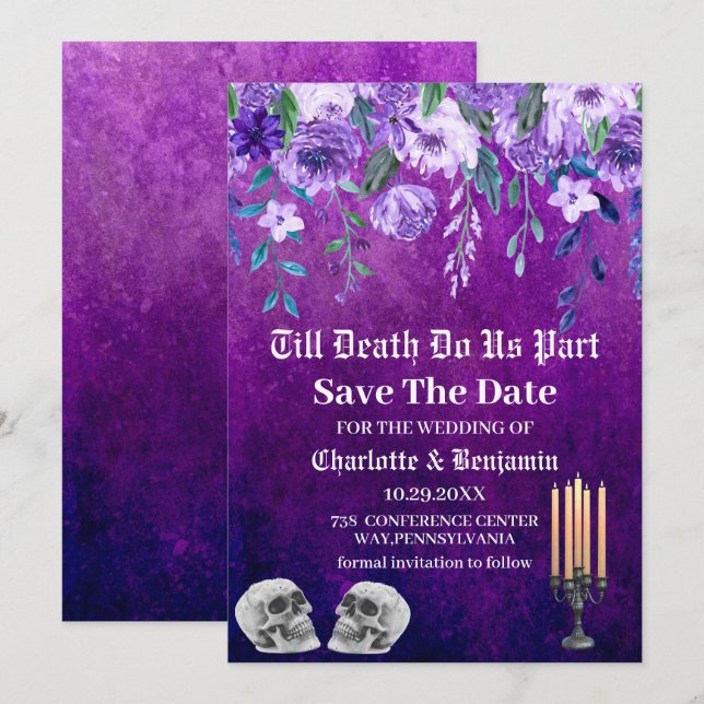 Purple Skull Save The Date Halloween Wedding  (Front/Back)