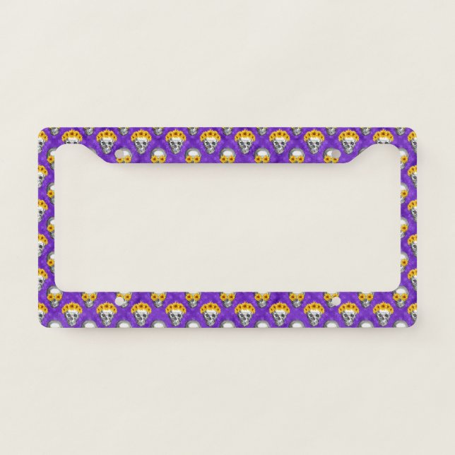 Purple Skulls and Sunflower Series Design 10 License Plate Frame (Front)