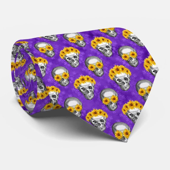 Purple Skulls and Sunflower Series Design 10 Neck Tie (Rolled)