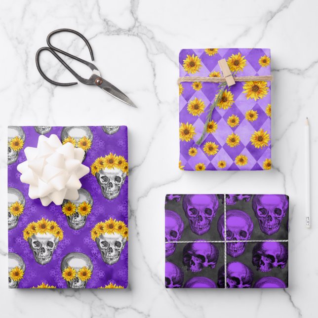 Purple Skulls and Sunflower Series Design 10  Wrapping Paper Sheets (Front)