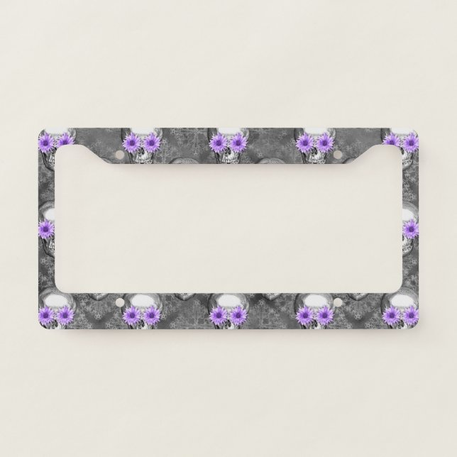 Purple Skulls and Sunflower Series Design 3  License Plate Frame (Front)