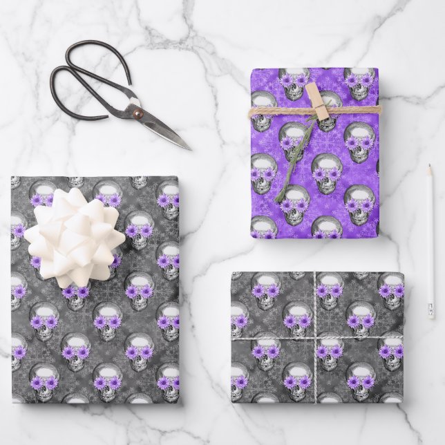 Purple Skulls and Sunflower Series Design 3  Wrapping Paper Sheets (Front)