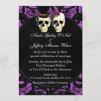 Purple Skulls Bride & Groom Wedding Invitation by My_Wedding_Bliss at Zazzle