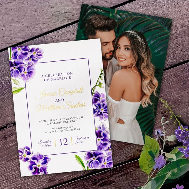 Purple sky flower and gold summer wedding foil invitation (Creator Uploaded)