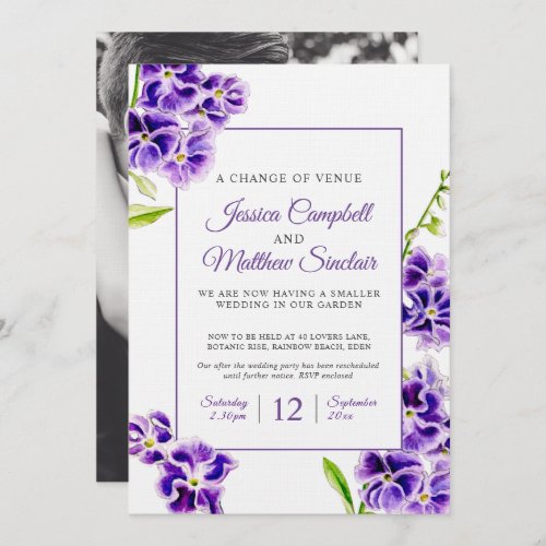 Purple sky flowers change of venue wedding invitation