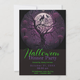 Purple Sky Full Moon Bird Halloween Dinner Party Invitation