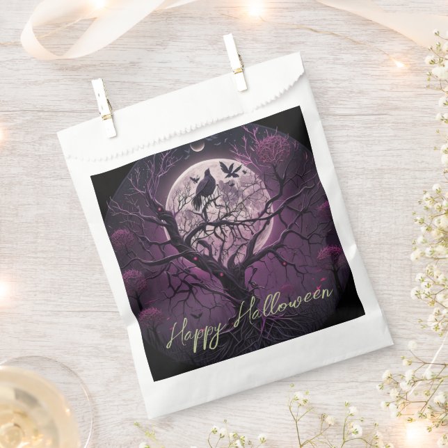Purple Sky Full Moon Birds Happy Halloween Favor Bag (Clipped)