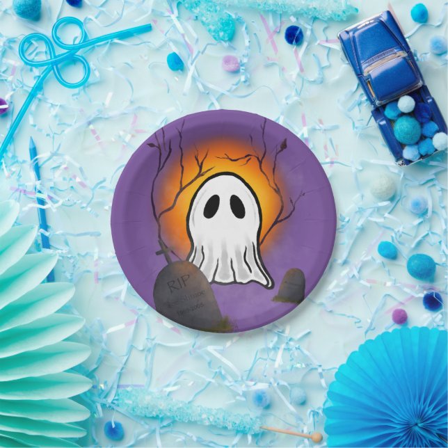Purple Sky Orange Moon Ghost in graveyard Paper Plates (Party)