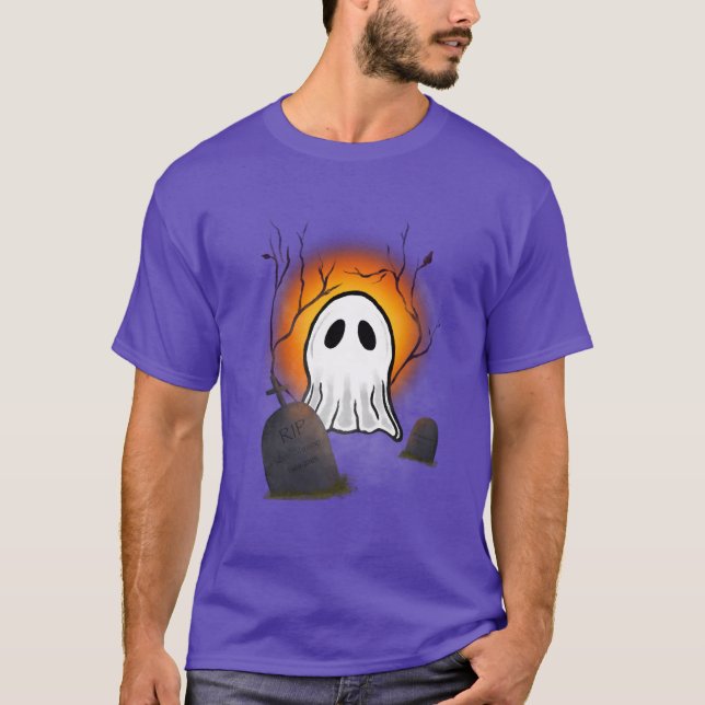 Purple Sky Orange Moon Ghost in graveyard T-Shirt (Front)