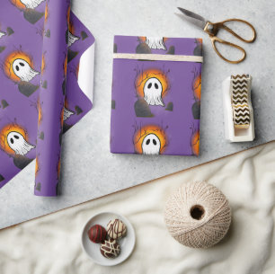 Purple Sky Orange Moon Ghost in graveyard Wrapping Paper