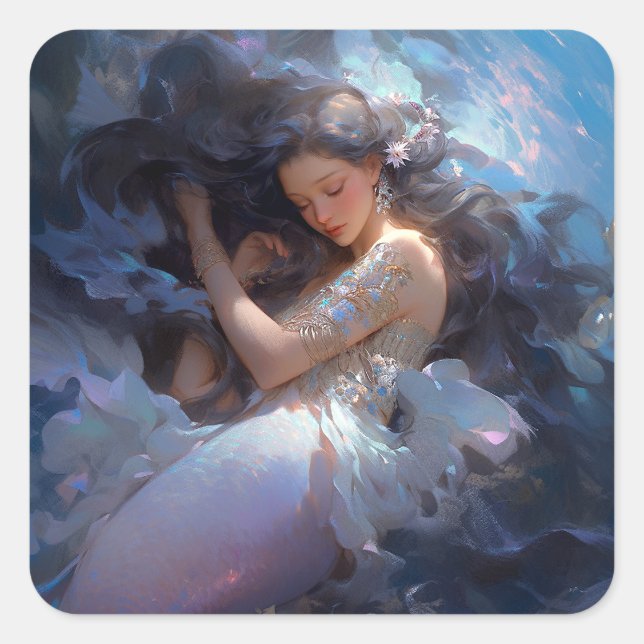 Purple Sleeping Mermaid Fantasy Art Square Sticker (Front)