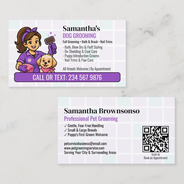 Purple Slicker Brush Puppy Groomer Girl QR Groomin Business Card