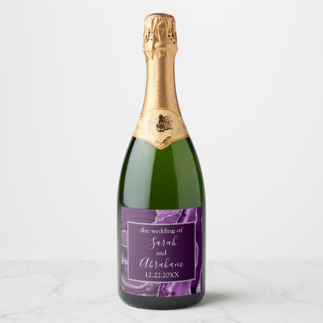 Purple Sliver Agate Wedding Sparkling Wine Wine Bo Label (Front)