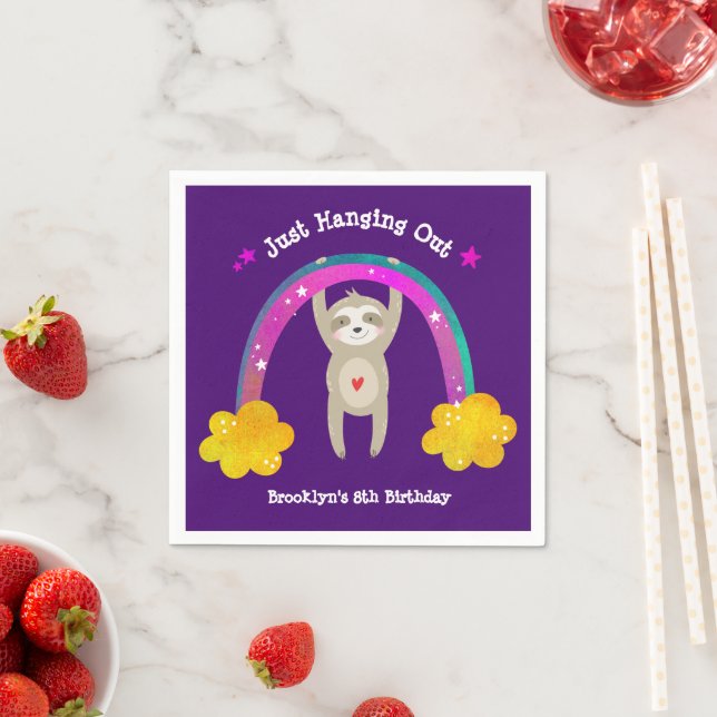 Purple Sloth Boho Rainbow Birthday Cute Kawaii Fun Napkins (Insitu)