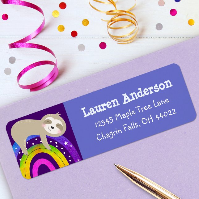 Purple Sloth Rainbow Cute Boho Birthday Address Label (Creator Uploaded)