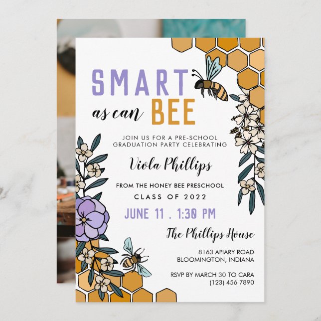Purple Smart As Can Bee Preschool Graduation Invitation (Front/Back)