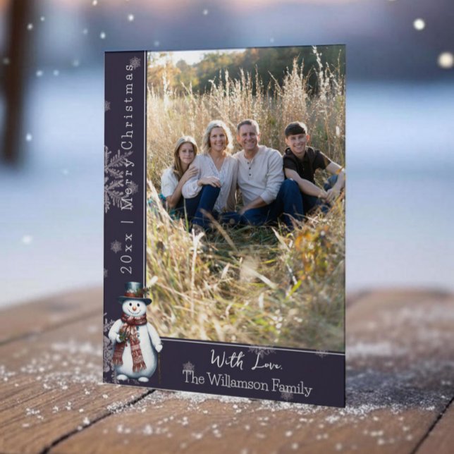 Purple Smiling Snowman Photo Holiday Card (Purple Smiling Snowman Holiday Photo Card)