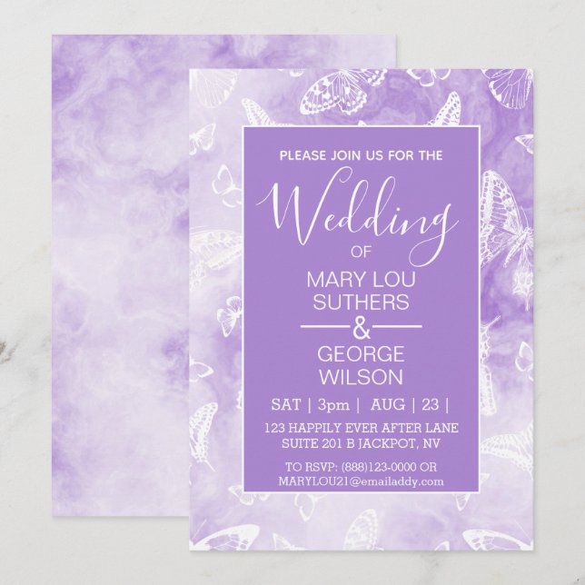 Purple Smokey Marble Butterflies Wedding Invitation (Front/Back)