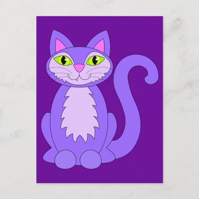 Purple Snaggletooth Kitty Cat Green Eyes Cartoon Postcard (Front)