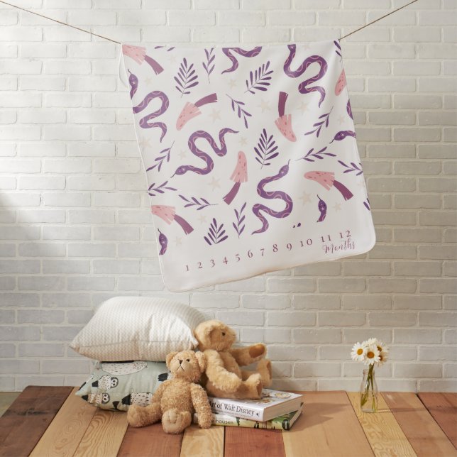 Purple Snake & Mushroom Zodiac Girl Milestone Baby Blanket (In Situ)