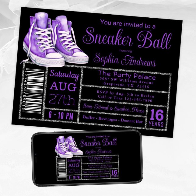 Purple Sneaker Ball Birthday Party Shoe Label Invitation (Purple black sneaker ball invitation. Available for instant download and print.)