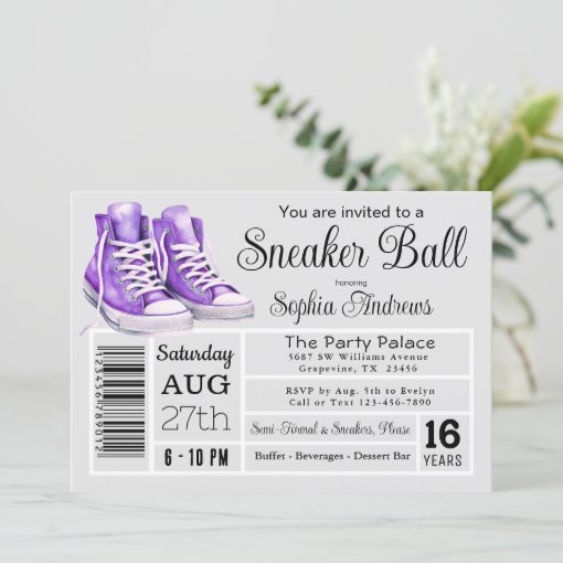 Purple Sneaker Ball Birthday Party Shoe Label Invitation | Zazzle