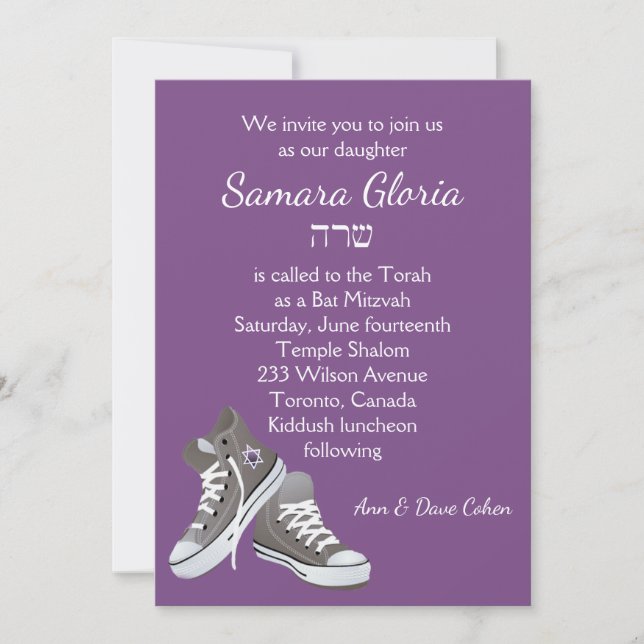 Purple Sneakers Bat Mitzvah Invitation with Sarah (Front)