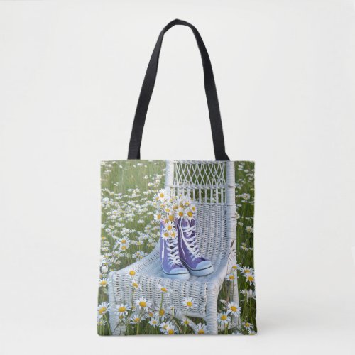 purple sneakers with daisies tote bag