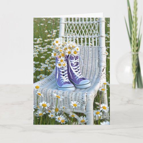 purple sneakers with daisy bouquet card