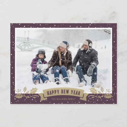 Purple Snow Holly Family Photo Happy New Year Holiday Postcard